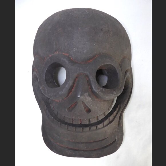Nepalese Other - VINTAGE 13.5” NEPAL SMILING SKULL SKELETON HAND CARVED WOOD MASK WALL HANGING